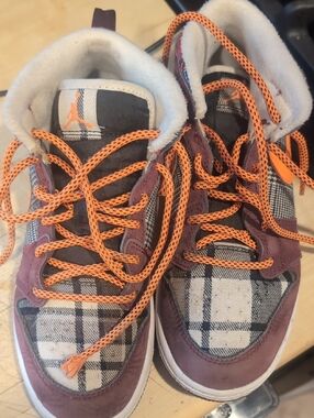 Boys Nike Plaid High-Top Sneakers with Orange Laces
